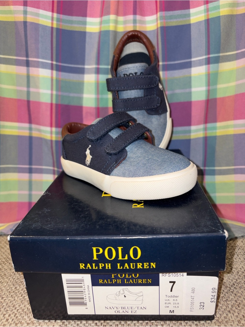 Polo Ralph Lauren Olan EZ Toddler Shoes in Navy, Blue & Tan in Size 7 - Picture 9 of 12